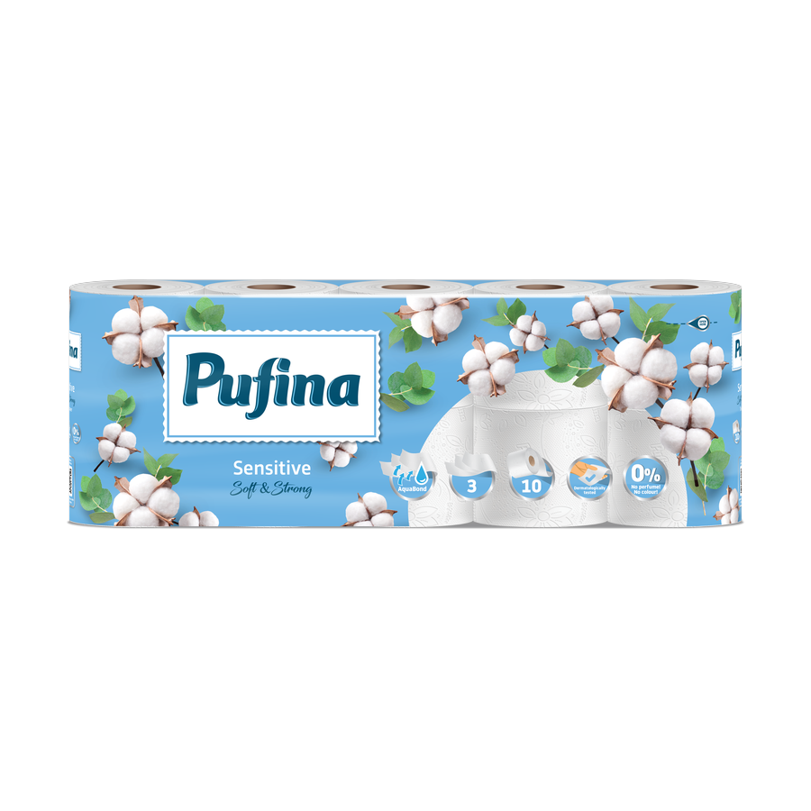 Pufina Sensitive Aquabond — toaletní papír 3vrstvý, 10 rolí