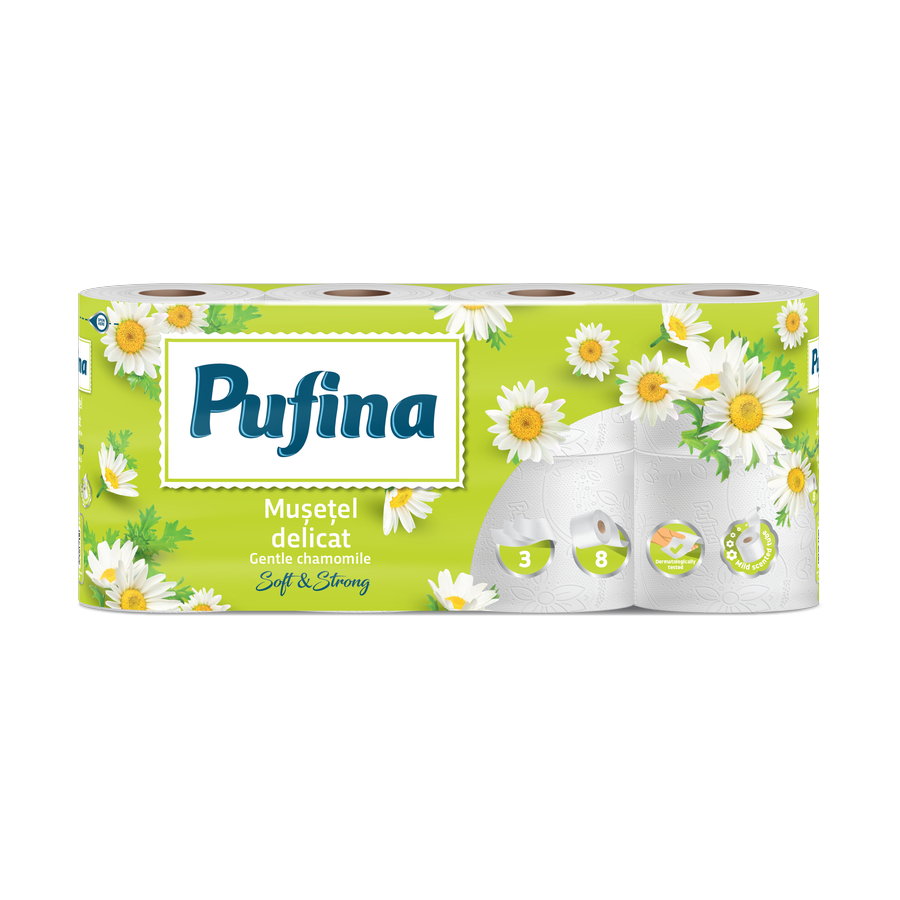 Pufina Gentle Chamomile — toaletní papír 3vrstvý, 8 rolí