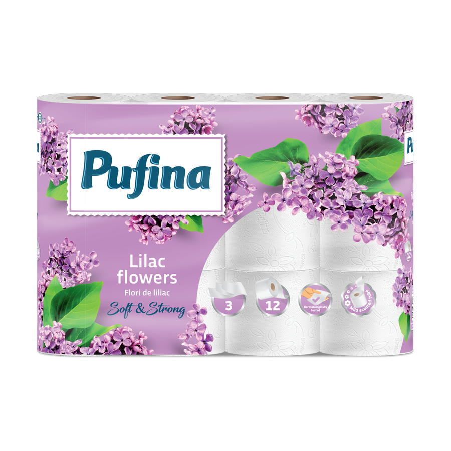 Pufina Lilac Flowers — toaletní papír 3vrstvý, 12 rolí