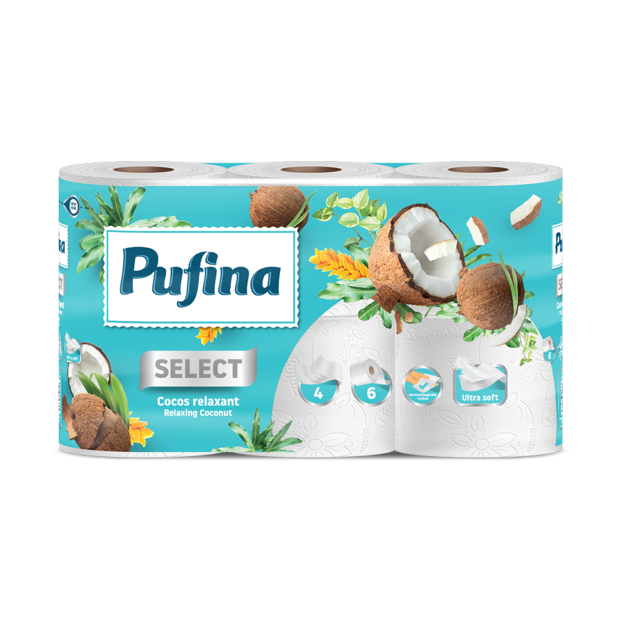 Pufina Select Relaxing Coconut — toaletní papír 4vrstvý, 6 rolí