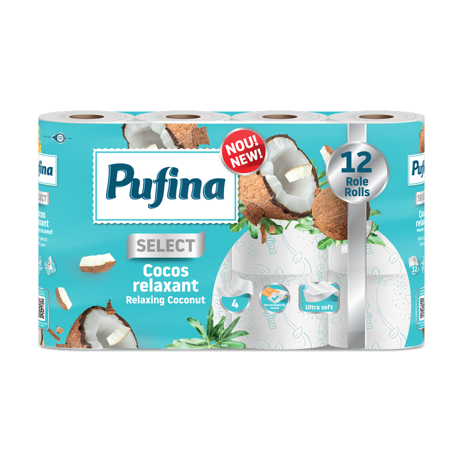 Pufina Select Relaxing Coconut — toaletní papír 4vrstvý, 12 rolí