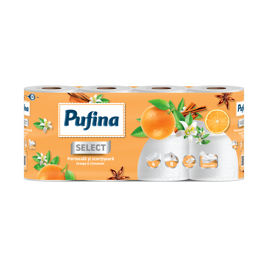Pufina Select Orange Cinnamon — toaletní papír 4vrstvý, 8 rolí