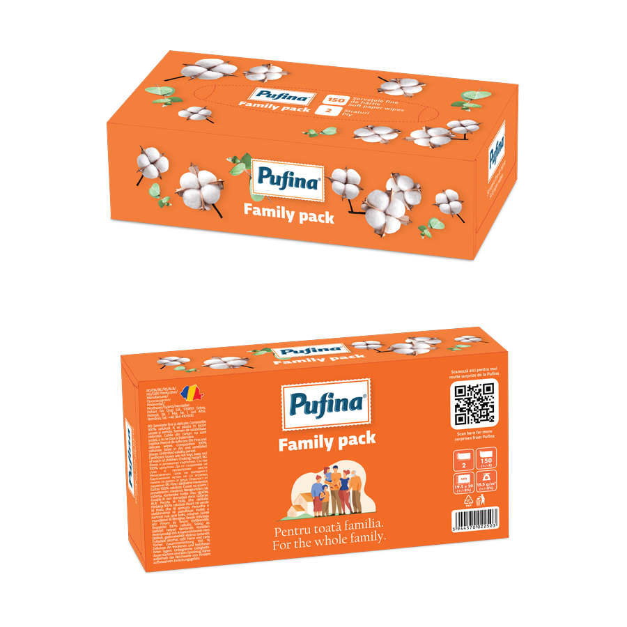 Pufina Family — kosmetické kapesníky 2vrstvé, krabička 150 ks