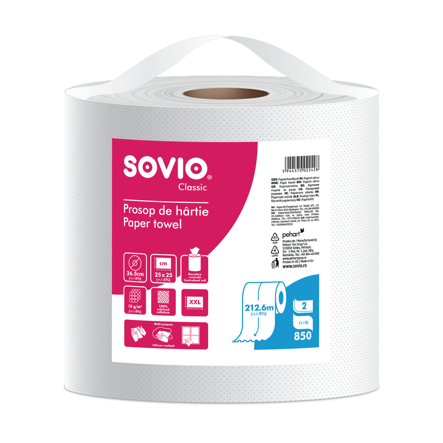 Sovio Monoroll, návin 212,5 m / 850 útr. — papírové ručníky v roli 2vrstvé