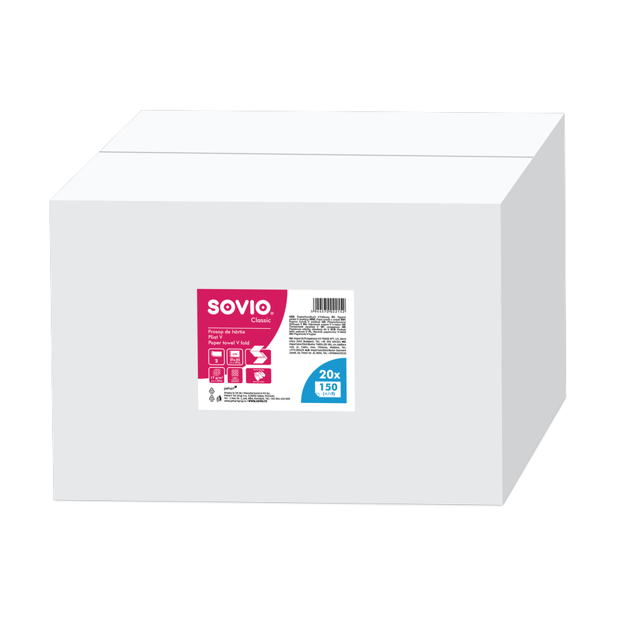 Sovio V-fold 25×21 cm — skládané papírové ručníky 2vrstvé, 20 balení × 150 ks