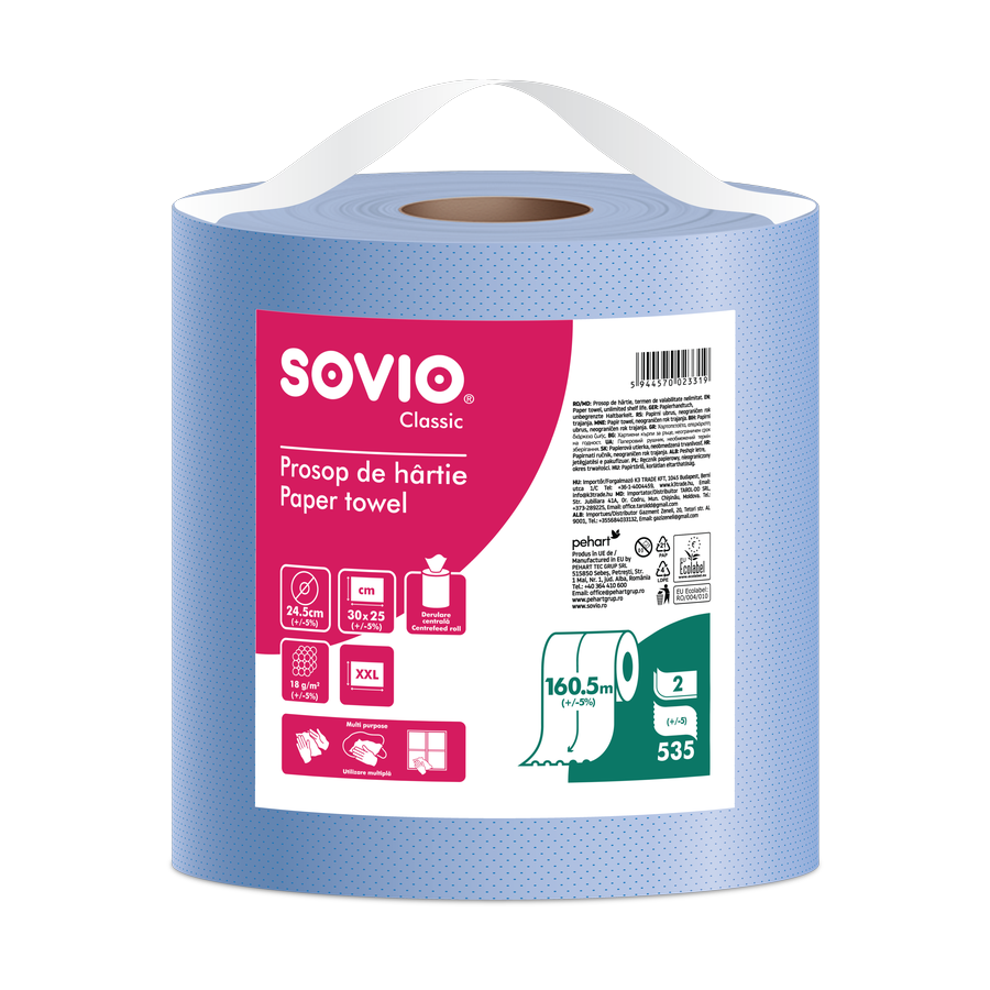 Sovio Blue Monoroll, návin 160,5 m / 535 útr. — papírové ručníky v roli 2vrstvé